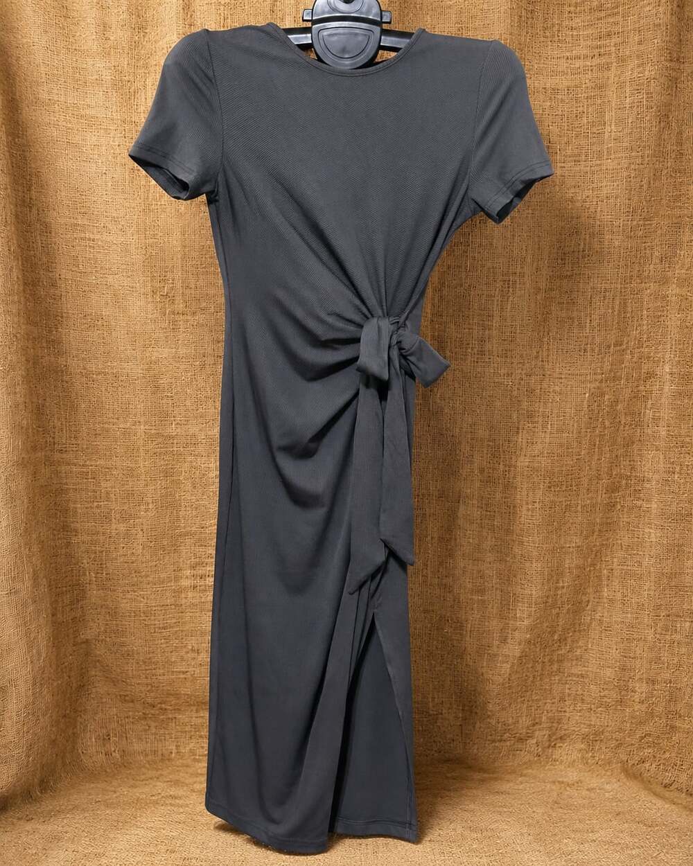 Short Sleeve Ribbed Midi Dress with Side Tie and Slit in Charcoal Grey